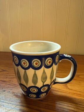 Hand-Painted Bolesławiec Polish Ceramic Peacock Patterned Mug